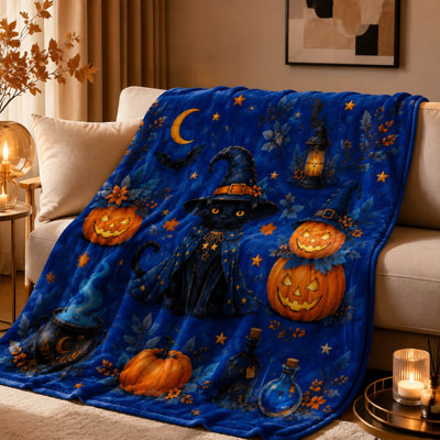 Joli costume de sorcière d'Halloween, jeté de citrouille effrayante et chauve-souris en molleton pour canapé-lit, salon, décoration de la maison