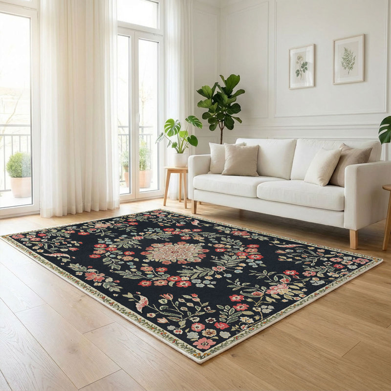 Black Floral Area Rug 5x7 Machine Washable with Non-Slip Backing for Bedroom, Living  Dining Room, Black