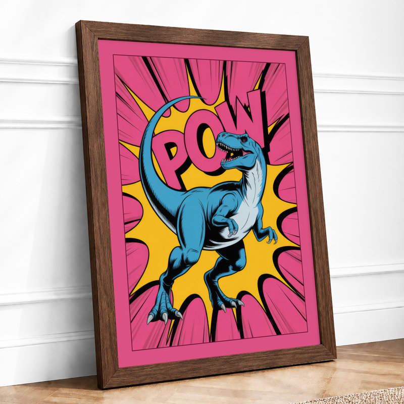 Dinosaur Pow Pop Art - Framed Print, A2 - 59.4 x 42.0 cm, Walnut