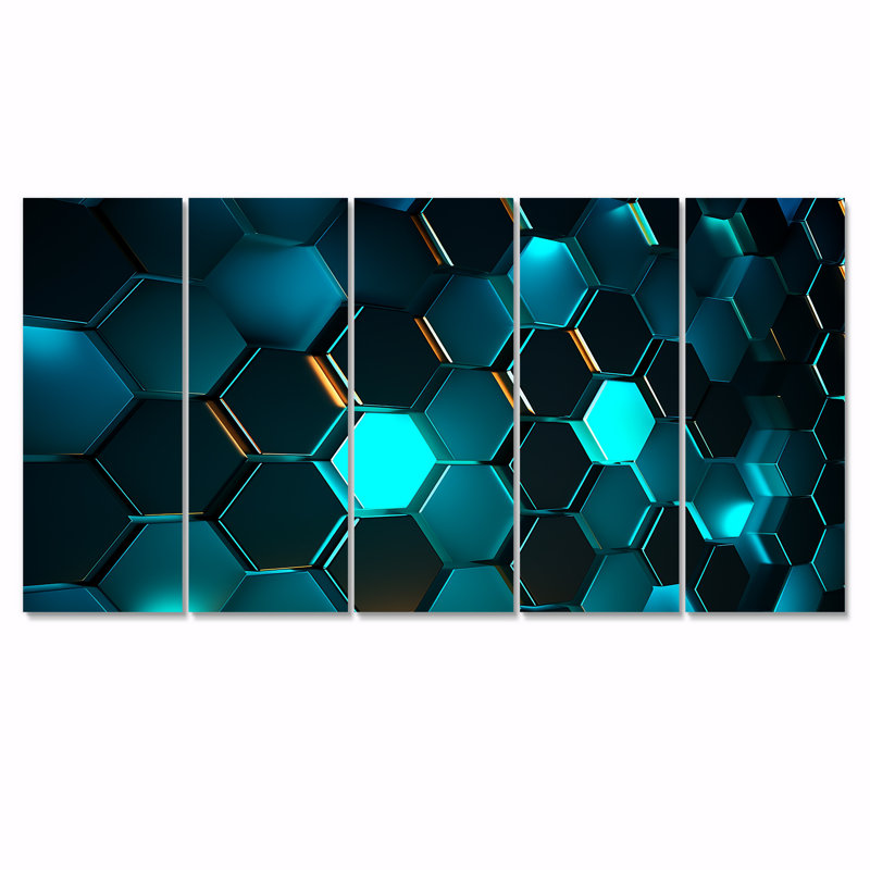 Hexagone turquoise - décoration murale géométrique 5 pièces, H 28 po x l 60 po