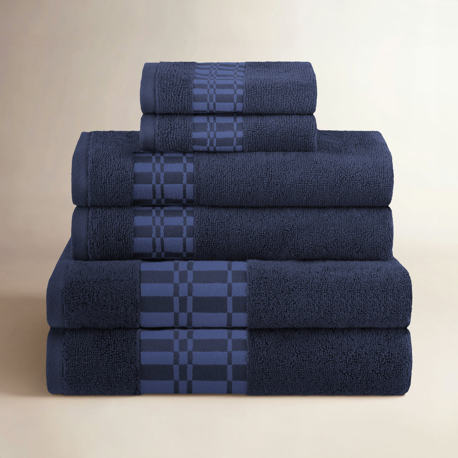 Mikira 6-Piece Geometric Border Towel Set, Navy Blue