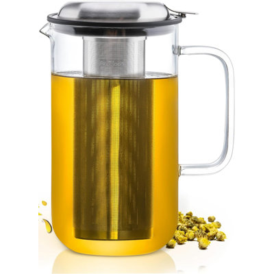 Théière en verre borosilicaté de 51 oz avec infuseur amovible en acier inoxydable 304, bouilloire cylindrique allant au lave-vaisselle pour thé chaud et infusion à froid