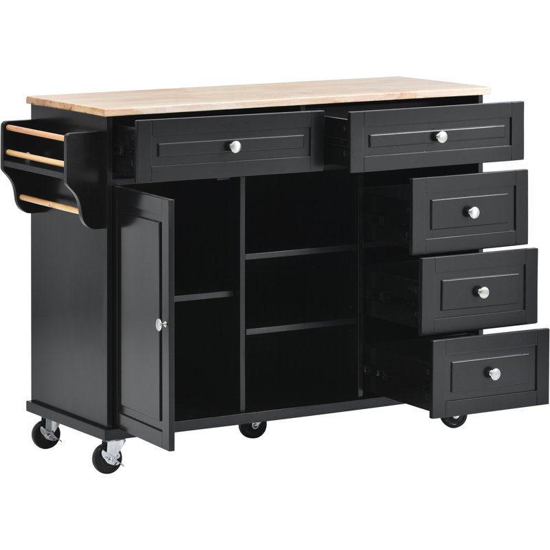 Chariot de cuisine avec îlot de cuisine mobile en bois d'hévéa avec rangement et 5 tiroirs, longueur de 53 pouces, Noir