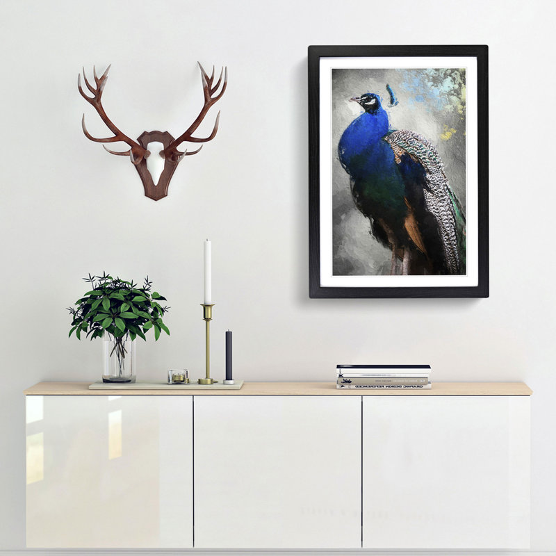Gorgeous Peacock Bird - Picture Frame Painting Print, 65cm H x 48cm W x 2cm D, Black Framed