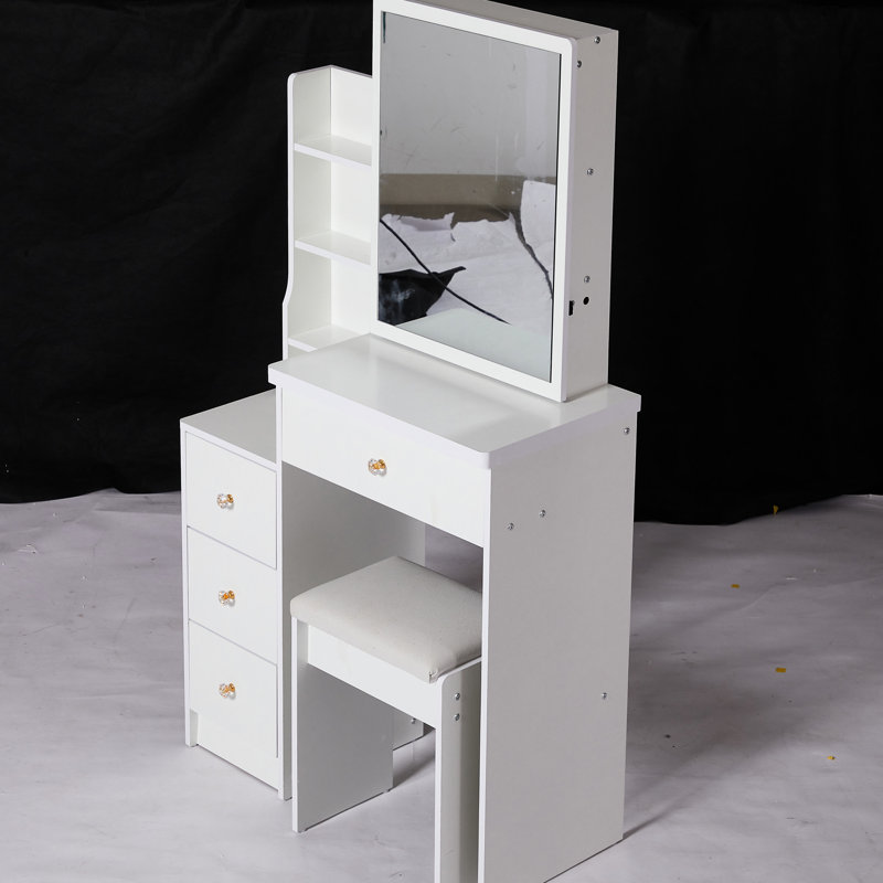 Small Space- Left Bedside Cabinet Vanity Table, With Padded Stool & Big Sliding Mirror, Multi-Layer Storage, Fashionable White Dresser For Compact Rooms Sized Table Cushioned Stool, Extra Large High