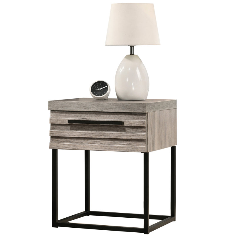 Table de chevet gris patinée pour la chambre à coucher - Base en métal avec glissières à roulement lisse avec solution de rangement à 1 tiroir