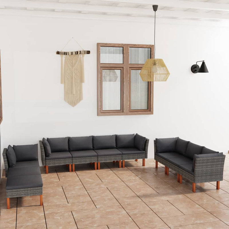 Brause 23.6" Wide Eucalyptus Square Patio Sectional Set with Cushions, Black, 5x corner + 3x middle + 2x footrest, 10