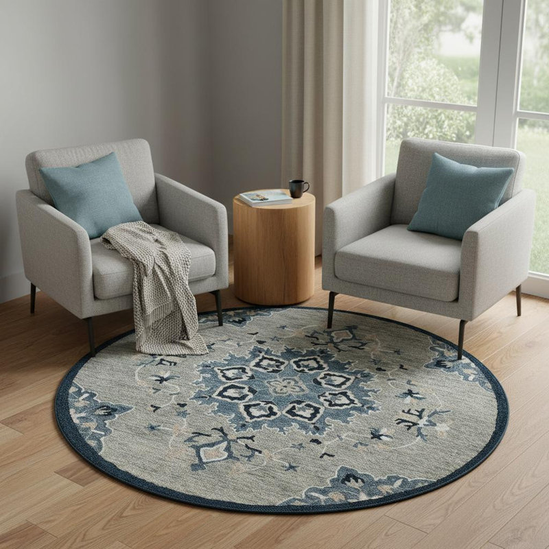 Tapis rond bleu et gris touffeté à la main 7 pi