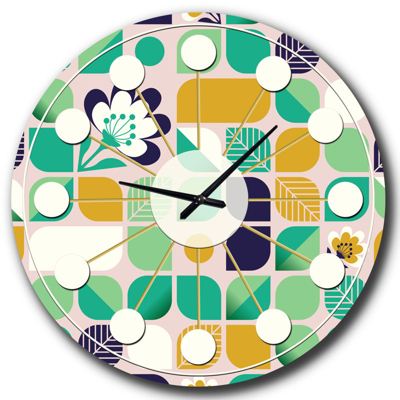 motif géométrique avec feuilles et fleurs - horloge murale moderne Mid-Century, Petit