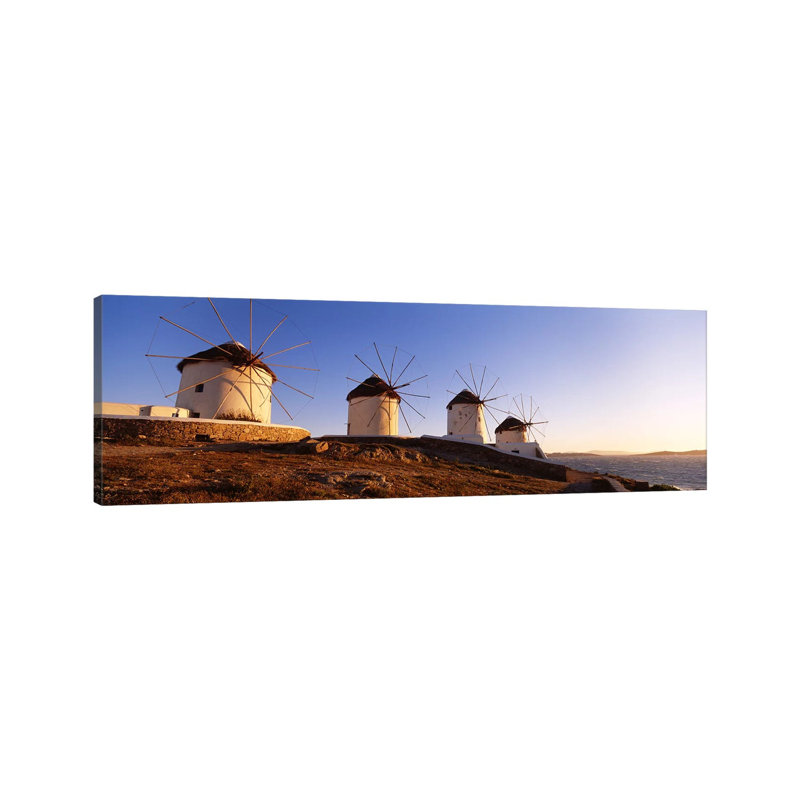 Low Angle View Of Traditional Windmills, Mykonos, Cyclades Islands, Greece - Wrapped Canvas Panoramic Print