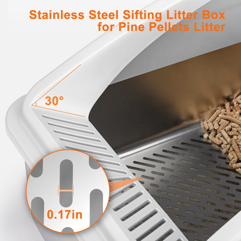 Bac à litière pour chat en acier inoxydable, très grand bac à litière en métal XL avec couvercle pour gros chats, convient à la litière pour chat en pin, anti-fuite, non collant, comprend un tapis et une pelle pour chat, blanc