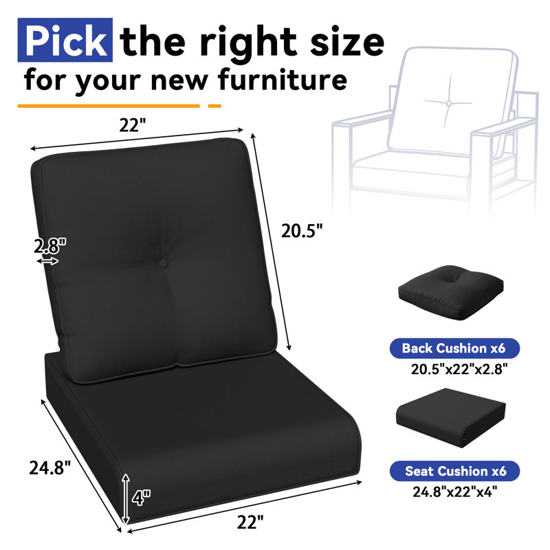 Outdoor Deep Seat Cushion Set - Comfortable,Weather-Resistant,Fade-Resistant Olefin Fabric, Black, 6