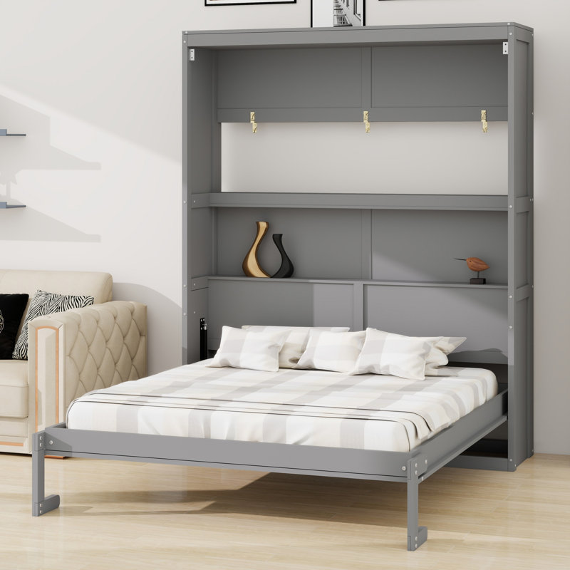 Lit escamotable mural peu encombrant avec tablettes intégrées, Gris