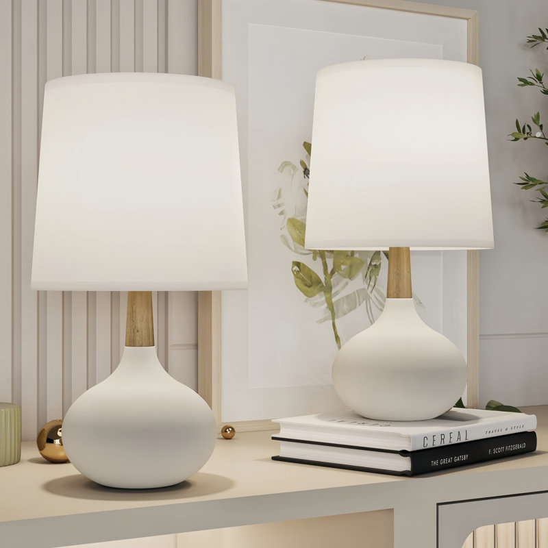14'' White Ceramic and Wood Modern Table Lamp Set