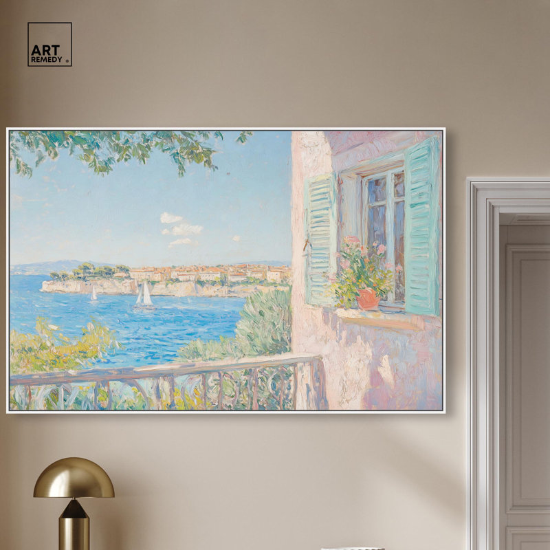 Toile vue méditerranée par Art Remedy, H 37 po x l 55 po, Blanc, Cadre flottant