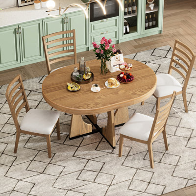 Retro Style 4 - Person Round Dining , Extendable Tabletop And Four Upholstered Chair Backs With 16" Removable Leaf, 5 Piece For Room, Comfortable Chai
