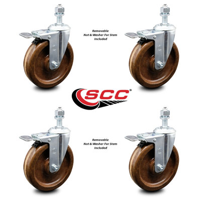 5 Inch High Temp Phenolic Swivel ½ Inch Stem Caster Set with Total Lock Brake