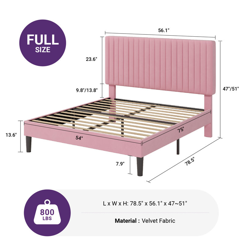 Lit plateforme tapissier en velours avec tête de lit capitonnée verticale ajustable, Double, Rose