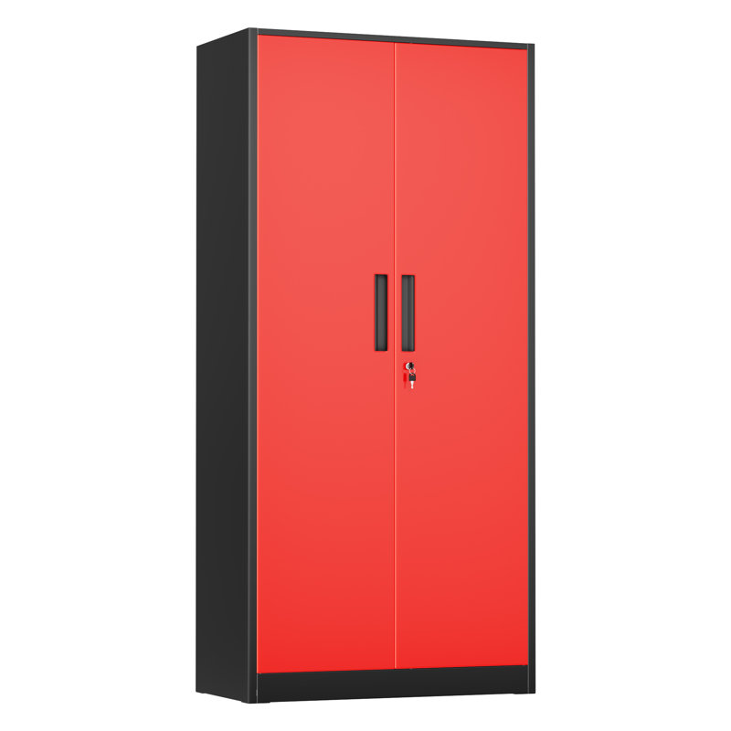 Steel Single Storage Cabinet with Lock ( 72'' H x 32'' W x 16'' D), Black/Red