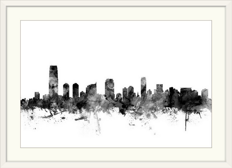«Francy Jersey City New Jersey Skyline» par Michael Tompsett, impression, H 24 po x l 32 po x P 1 po, Cadre blanc