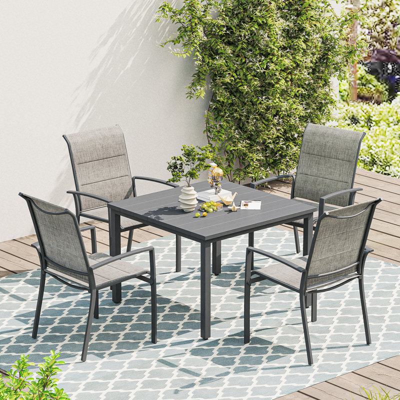 Milaan Square Metal Outdoor Dining Table With Umbrella Hole , 37.8'' in. W 37.8'' in. D, Dark Gray