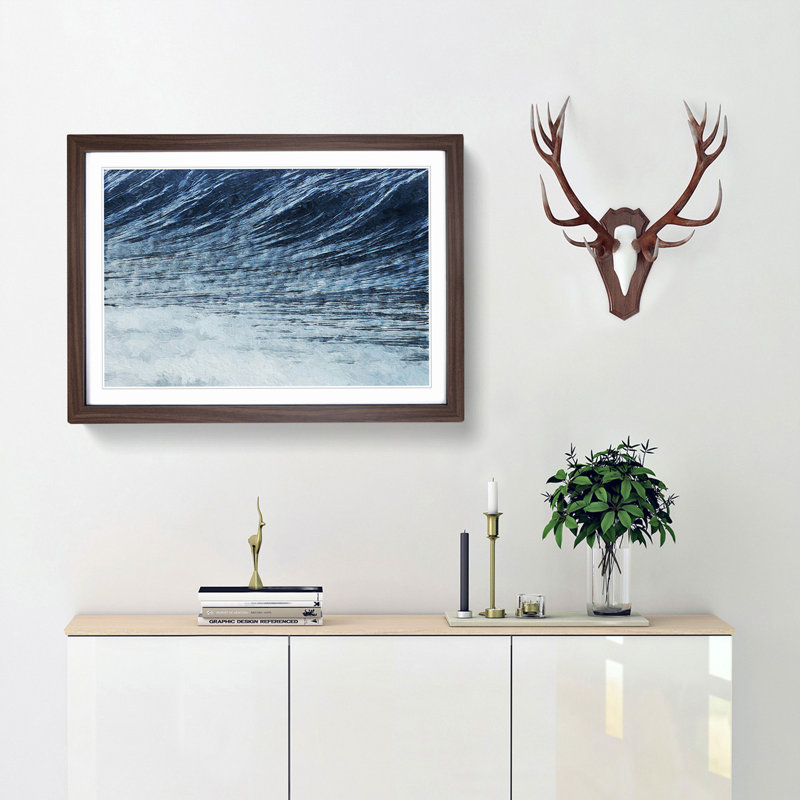Rising of the Wave in Blue - Picture Frame Painting Print, 36cm H x 48cm W x 2cm D, Walnut Framed