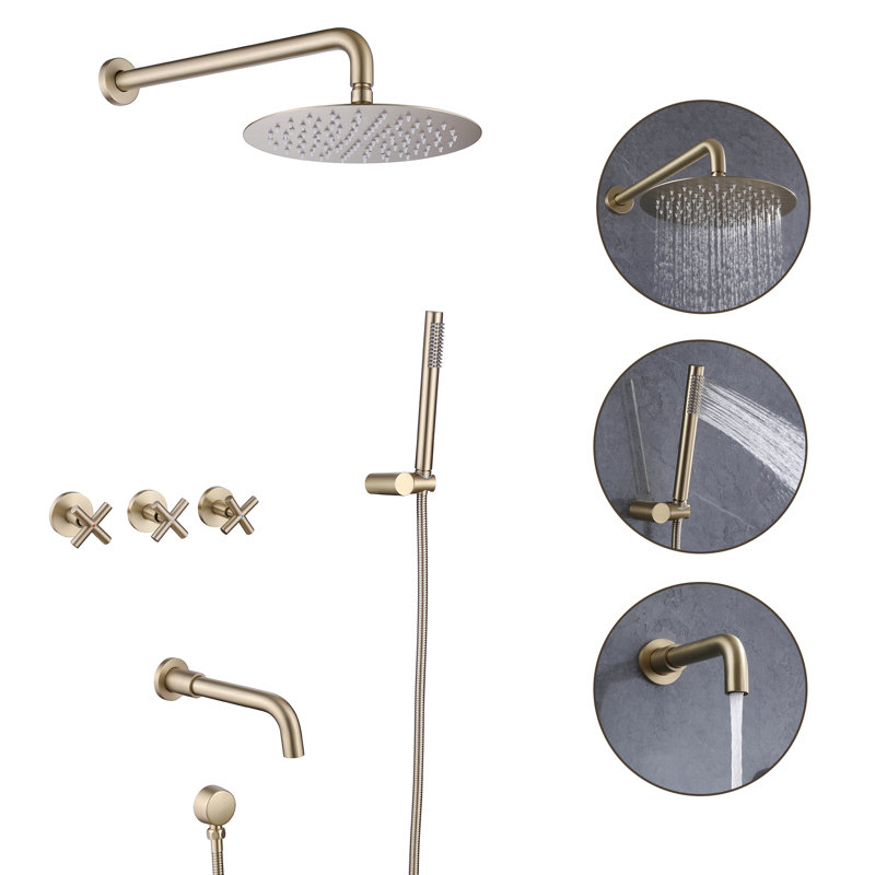 10" Round Shower System Set with Tub Spout, Wall Mount 3 Function Rain Shower Faucet Set with Rough-in Valve, Brushed Gold