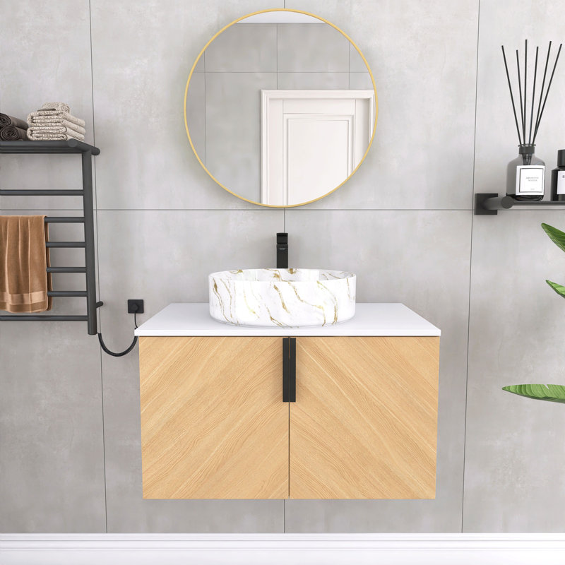 Caldicot 30''/ 36'' Wall-Mounted Single Bathroom Vanity with Engineered Stone Top and Ceramic Vessel Sink, White / Golden