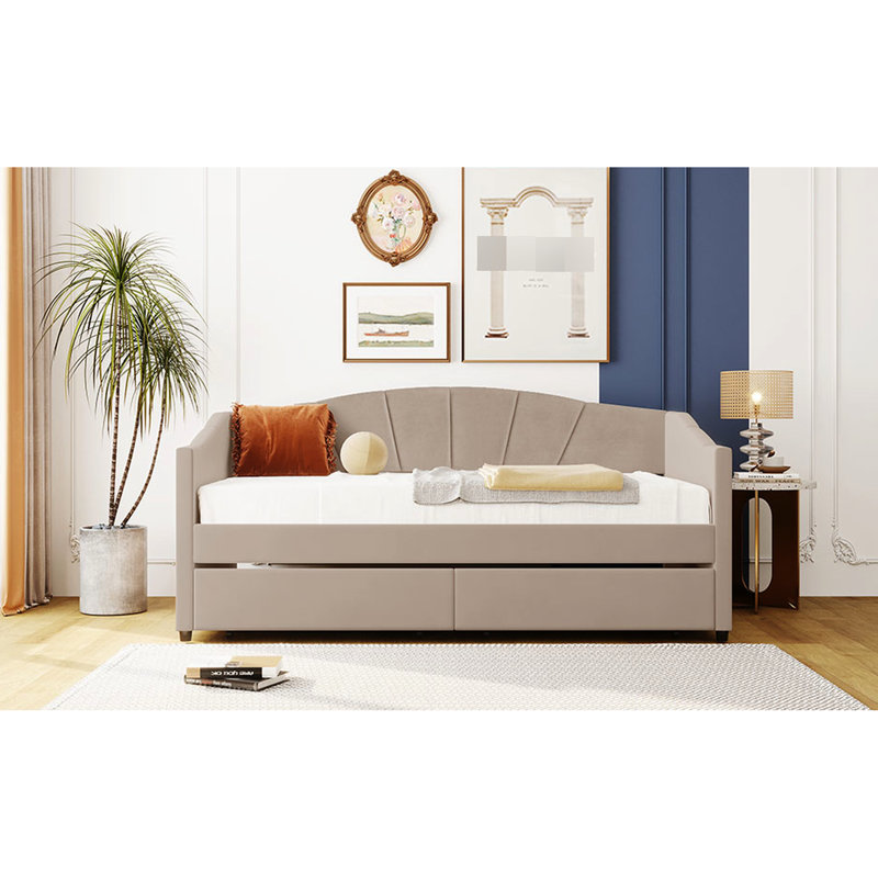 Lit de jour rembourré beige avec deux tiroirs pratiques et un tissu doux recouvrant des systèmes de tiroirs spacieux - Améliorez vos options de rangement