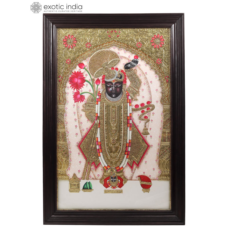 Peinture surdimensionnée encadrée "Shrinath ji" - art mural Krishna orné 24 carats