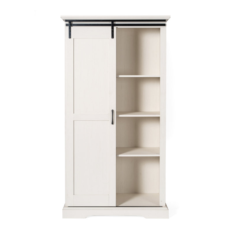 Bibliothèque rustique de style campagnard avec porte de grange coulissante et tablettes réglables, Blanc