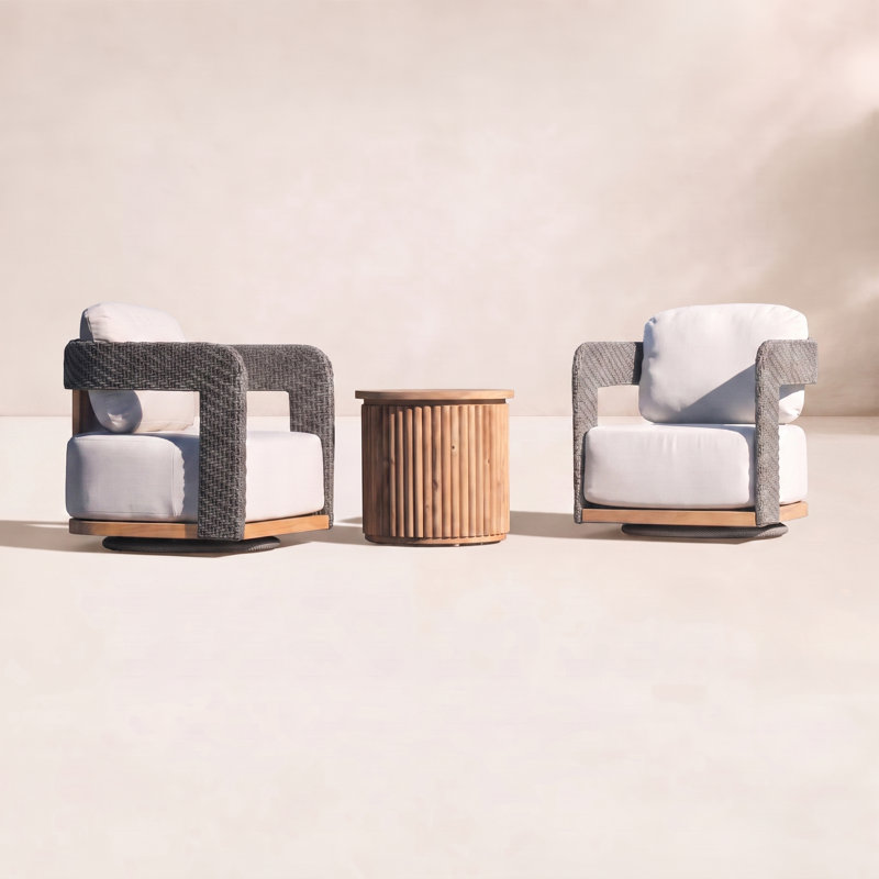 Estate 3 pièces Ensemble de conversation pivotant moderne en osier avec table d'appoint en pierre frittée