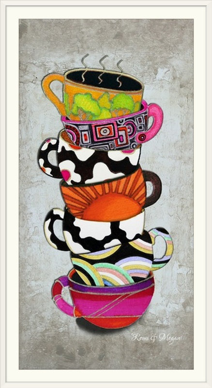 « collection » par megan duncanson, reproduction d’art Stacked Hot Cuppa, Cadre blanc, H 44 po x l 26 po x P 1 po