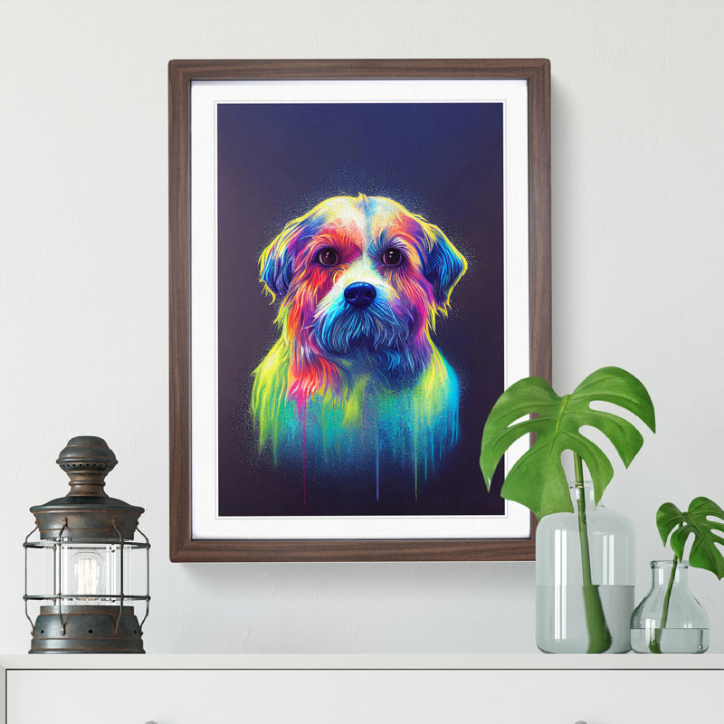 Neon Dog No.5 - Single Picture Frame Painting, 46cm H x 34cm W x 2cm D, Walnut Framed