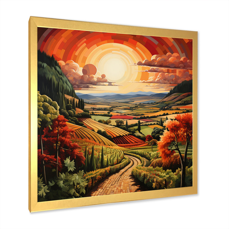 «Orange Green Vineyard Rows Of Ruby II», reproduction sur toile, H 24 po x l 24 po x P 1 po, Cadre photo doré simple