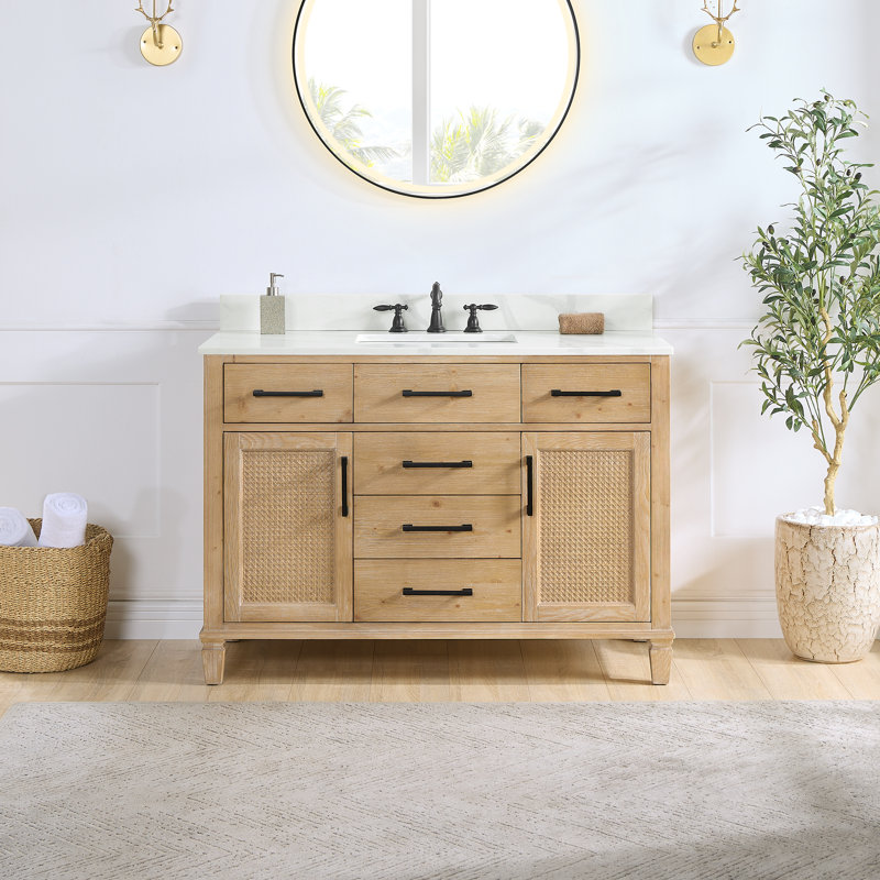 Solana 47.2" Weathered Fir Wood Vanity Base with Rattan Accents