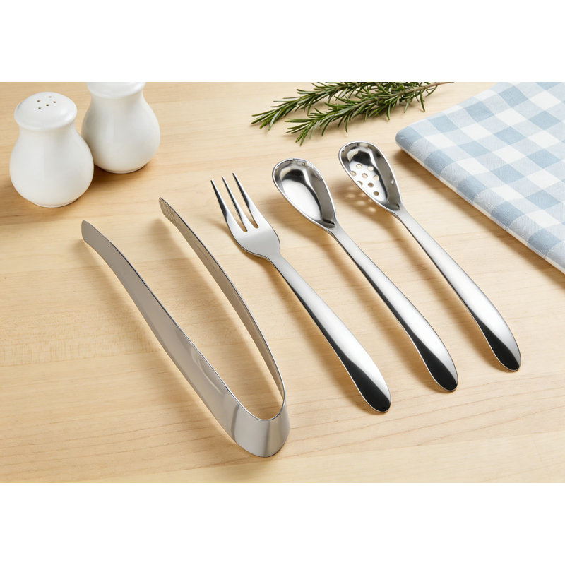Ensemble de service 4 pièces hors-d'œuvre en acier inoxydable avec fourchette, pinces, cuillère solide et cuillère rainurée pour les fêtes et les réceptions