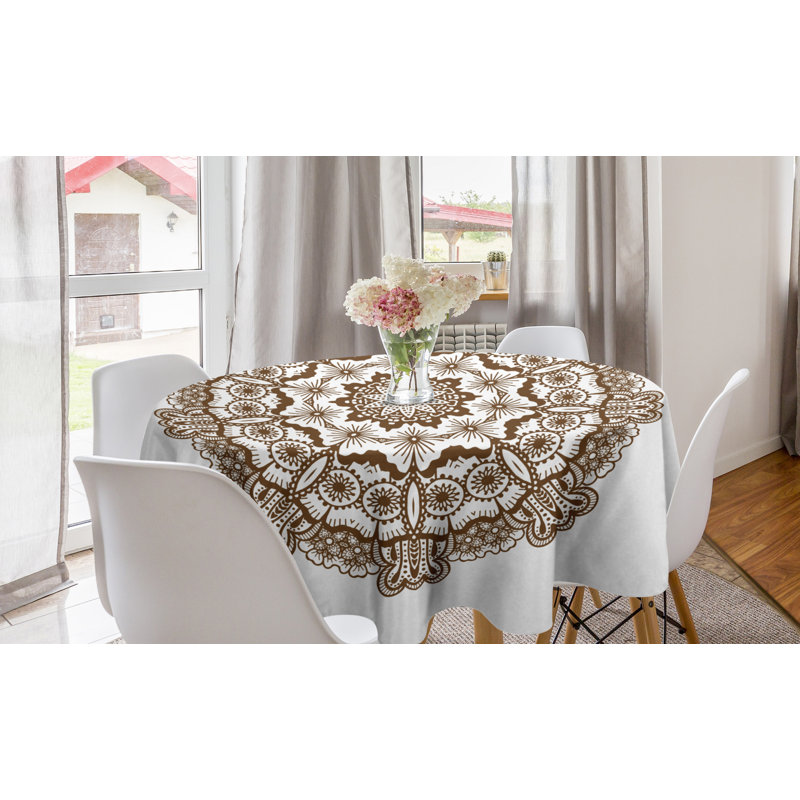 Ambesonne Brown Mandala Round Tablecloth, Monochrome Inspired Round Form Mandala With Circles And Flowers, Circle Table Cloth Cover For Dining Room Kitchen Decoration, 60", Chocolate And White