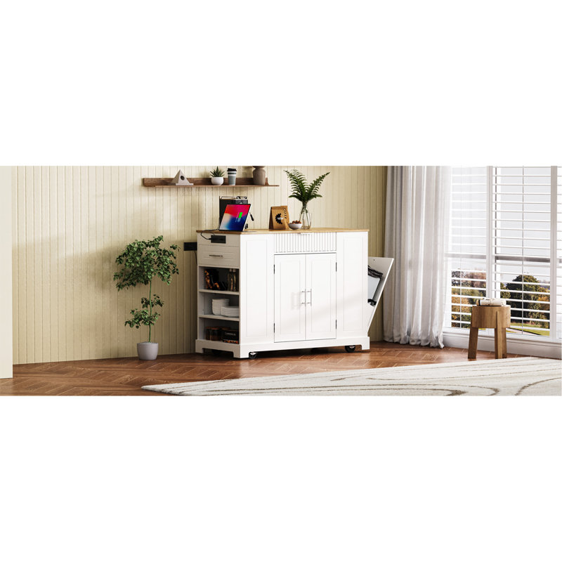 Versatile Fluted Kitchen Island With Advanced Storage And Functionality, White/Brown