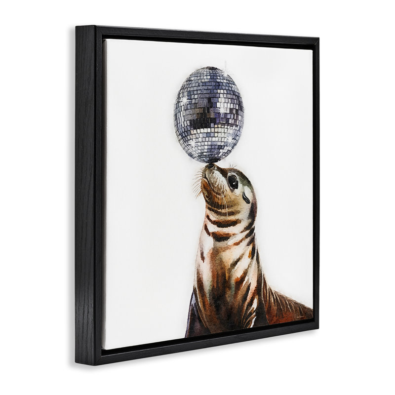 Cadre flottant Seal Balancing Disco Ball, design par Amanda Greenwood, Cadre flottant noir de jais, H 18 po x l 18 po