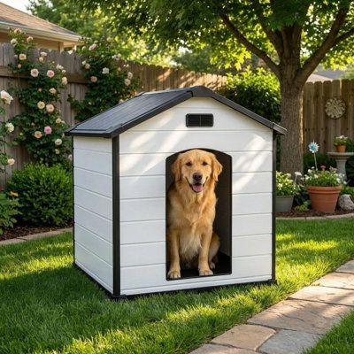 Grande niche pour chien imperméable avec toit amovible et bouches d'aération, chenil intérieur en plastique durable pour petits chiens de taille moyenne et grande, assemblage facile