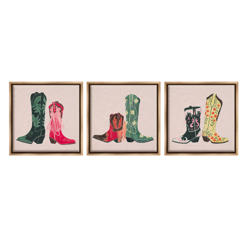 «Trendy Cowgirl bottes» par Grace Popp 3 - pièces sur, Cadre flottant orme Montalcino, H 18 po x l 18 po