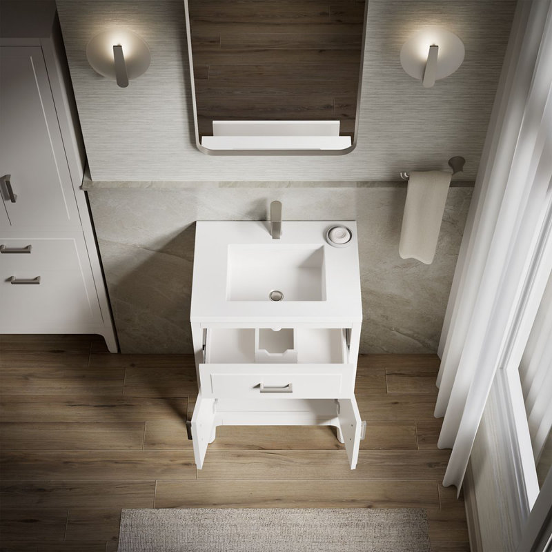 Meuble-lavabo autoportant simple avec lavabo et plateau en quartz Seer, Blanc, 24"
