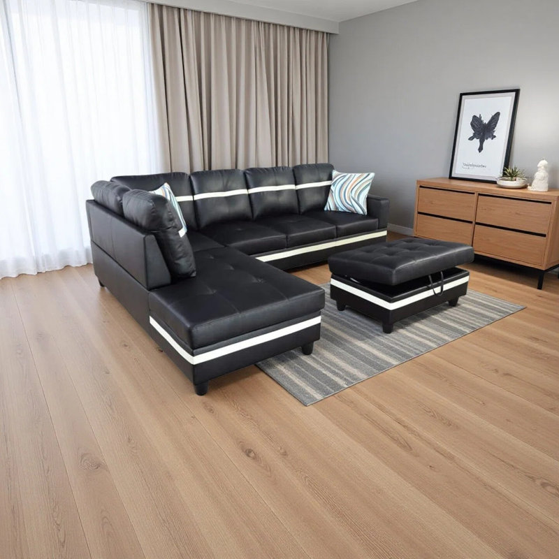 Canapé modulaire en cuir synthétique 3 pièces, Similicuir noir / blanc, Orienté à gauche (vu de face)