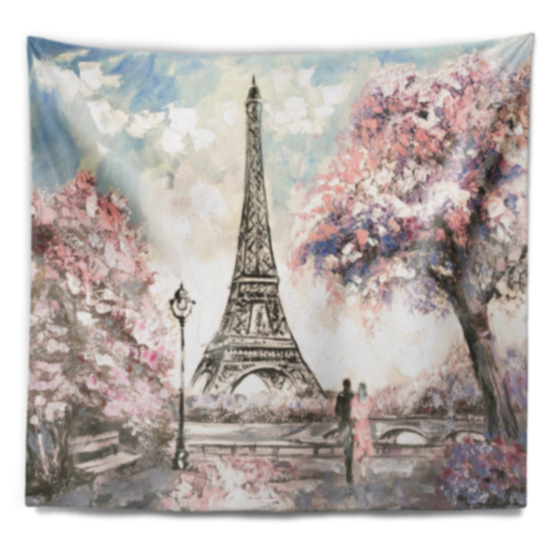 Tapisserie paysager avec des fleurs roses, H 32 po x l 39 po