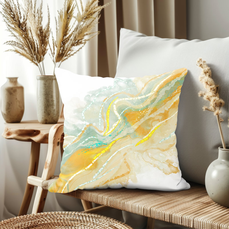 Housse de coussin, Jaune / beige abstrait, H 14 po x l 14 po