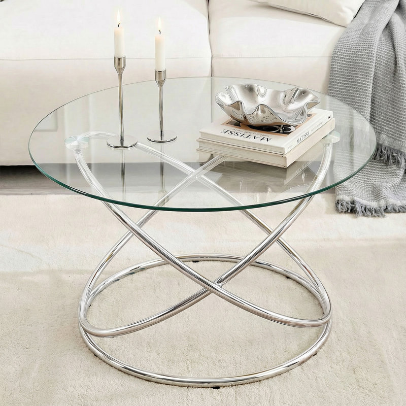 Table basse en verre trempé 31,5 po avec cadre en métal plaqué Jefre, Argent argent