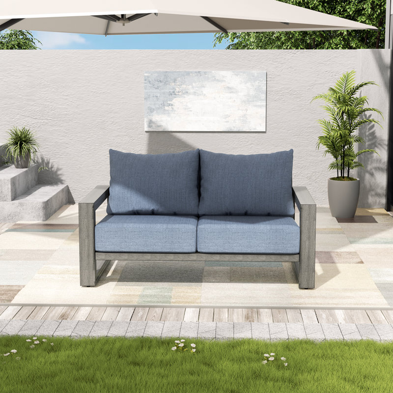 Causeuse d'extérieur en aluminium peint à la main avec coussins bleus Adden, Bleu