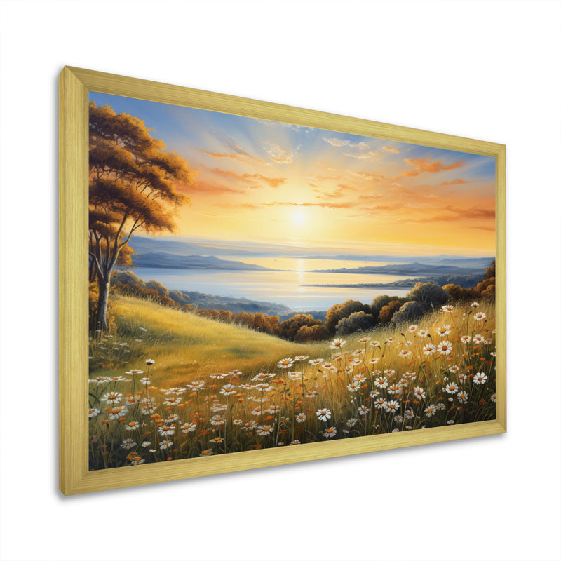 Fleurs blanches et vertes, horizon doré, art mural grand fleurs sauvages, H 16 po x l 32 po x P 1 po, Cadre doré