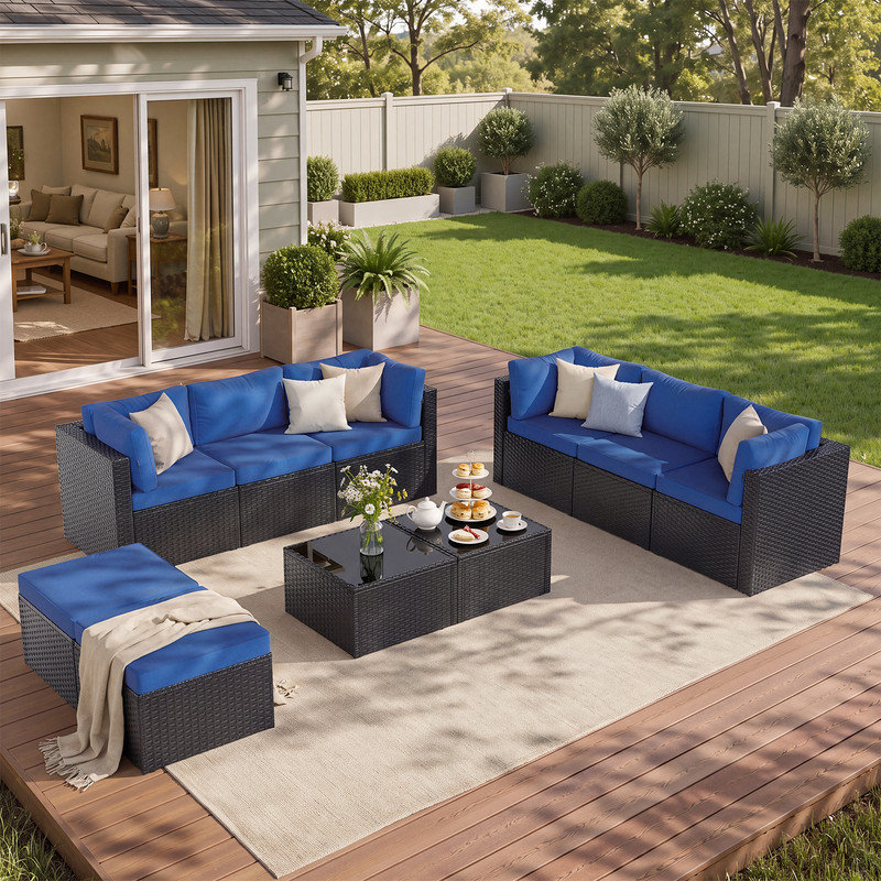 Canapé d'angle modulaire en résine tressée de 10 pièces avec pouf et coussins de 12 cm, Navy